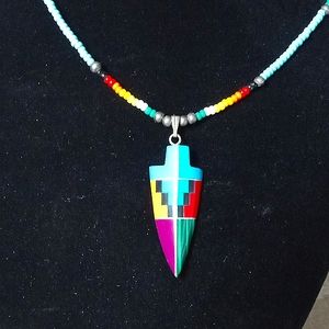 HOPI Unisex Rainbow Seed Bead and Resin Faux Inlay Arrowhead Necklace. 18"